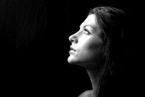 Monochrome photo of a models face